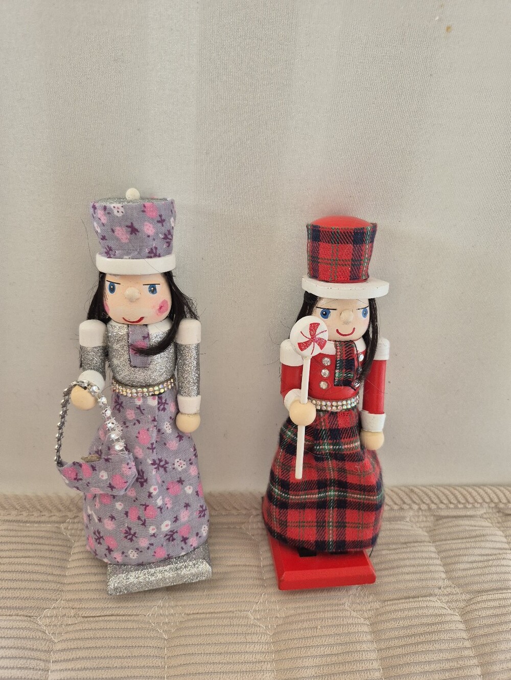 Set of Two Decorative Nutcracker Dolls - Purple Floral & Red Plaid